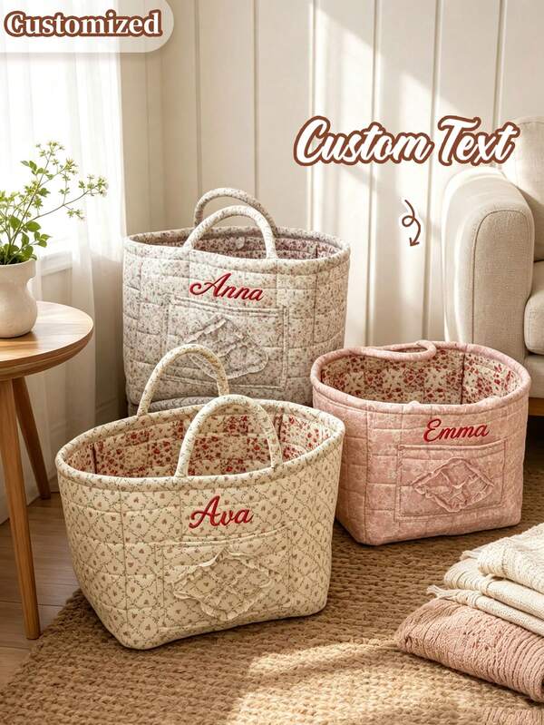 Cesto de Arrumação Acolchoado com Estampa Floral Personalizado, Bolsa de Arrumação Portátil com Bolsos Franzidos, Bolsa de Arrumação Multifuncional de Mão, Ideal para Casa, Presentes de Inauguração ou Lembranças de Festa