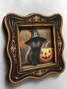 1pc Pumpkin Black Cat Fridge Magnet, Wooden Frame Fridge Magnet, Home Decor, Fun Gift! - A - View 9
