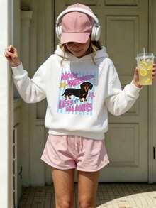 Tween Girls Dachshund Dog Letter Print Hooded Sweatshirt, Cute Cartoon Graphic Soft Fleece Hoodie - White - View 2