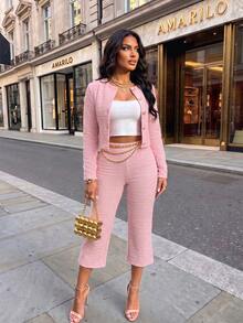 AIJ Setelan 2 Potong Wanita Elegan Musim Gugur Warna Pink, Jaket Pendek/Blazer Kancing Depan dan Celana Lebar, Cocok untuk Jalan-jalan, Sehari-hari Kasual, Perjalanan Bisnis, dan Liburan. - Berwarna merah muda - View 6