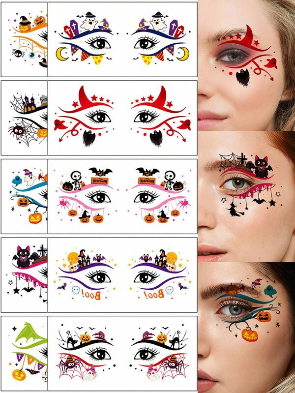 10 Sheets, Face Eye Temporary Tattoos Stickers, Halloween Series, Colorful Devil, Ghost, Skull, Spider, Bat Designs, Waterproof And Easy To Use