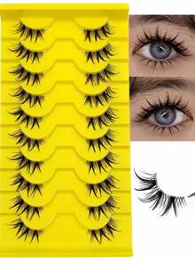 Asiteo 10 Pairs Half Eye Lashes,Wispy Fluffy And Crossed Natural Look False Eyelashes,3D Faux Mink Lashes Reusable,For Beginners Used Daily Makeup Extensions - Black - View 1
