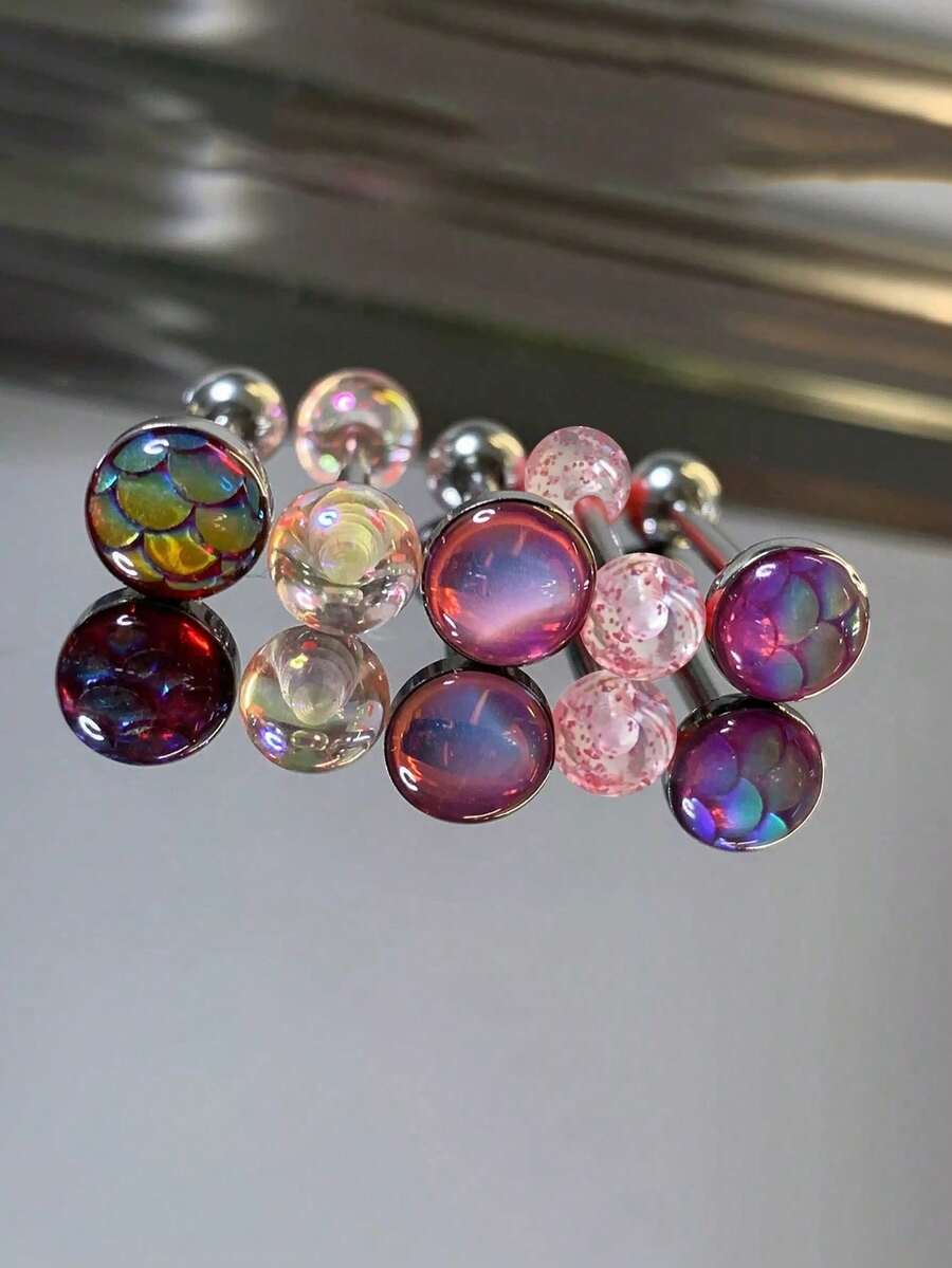 5pcs Tongue Ring Set Red/Green/Purple/Yellow/Blue Barbell Tongue Rings Tongue Studs Stainless Steel Body Piercing Suitable For Men And Women Daily Wear - 5 Tongue Rings - View 1