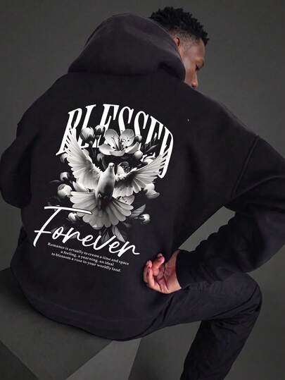 Men's Black Dove & Floral Print Hoodie, Casual Streetwear Loose Fit Pullover Sweatshirt