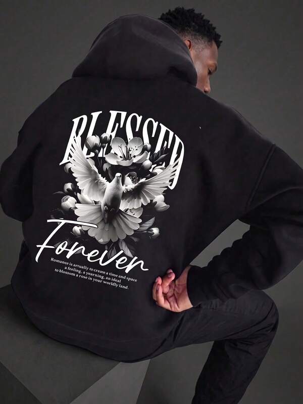 Men's Black Dove & Floral Print Hoodie, Casual Streetwear Loose Fit Pullover Sweatshirt