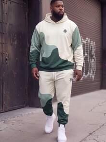 2pcs Plus Size Men's Black & White Gradient Print Sportswear Set - Sweatshirt + Pants, Street Casual Style - Suitable For Autumn/Winter Sports/Daily Wear - Multicolor - View 4