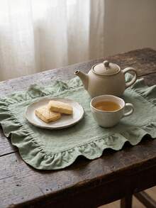 1/2/4/6pcs Solid Color Ruffled Edge Rectangular Placemats, Nordic Minimalist Style Kitchen Decor Table Mats, Suitable For Holiday Gatherings, Birthday Parties, Weddings, Dinner Parties, Table Decoration, Office Desk, Coffee Table Mat, Home Decor, Room Decor, Dorm Decor, All Season Use, Photography Background - Olive Green - View 7