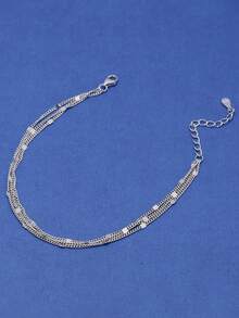 SYMFNY 1pc Ins Minor Style 925 Sterling Silver Staggered Square Slice Lobster Clasp Adjustable Three‑Layer Bracelet For Women Anniversary Jewelry Gift - Silver - View 3