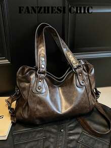 Vintage Distressed Große Kapazität Batik PU Tragetasche Mit Nieten Ring Schnalle Dekor, Verstellbarer Griff Und Abnehmbarer Umhängegurt, Weiche Struktur, Maillard Farbpalette, Vielseitige Handtasche Für Arbeit, Einkaufen Und Reisen - Braun - Übersicht 6