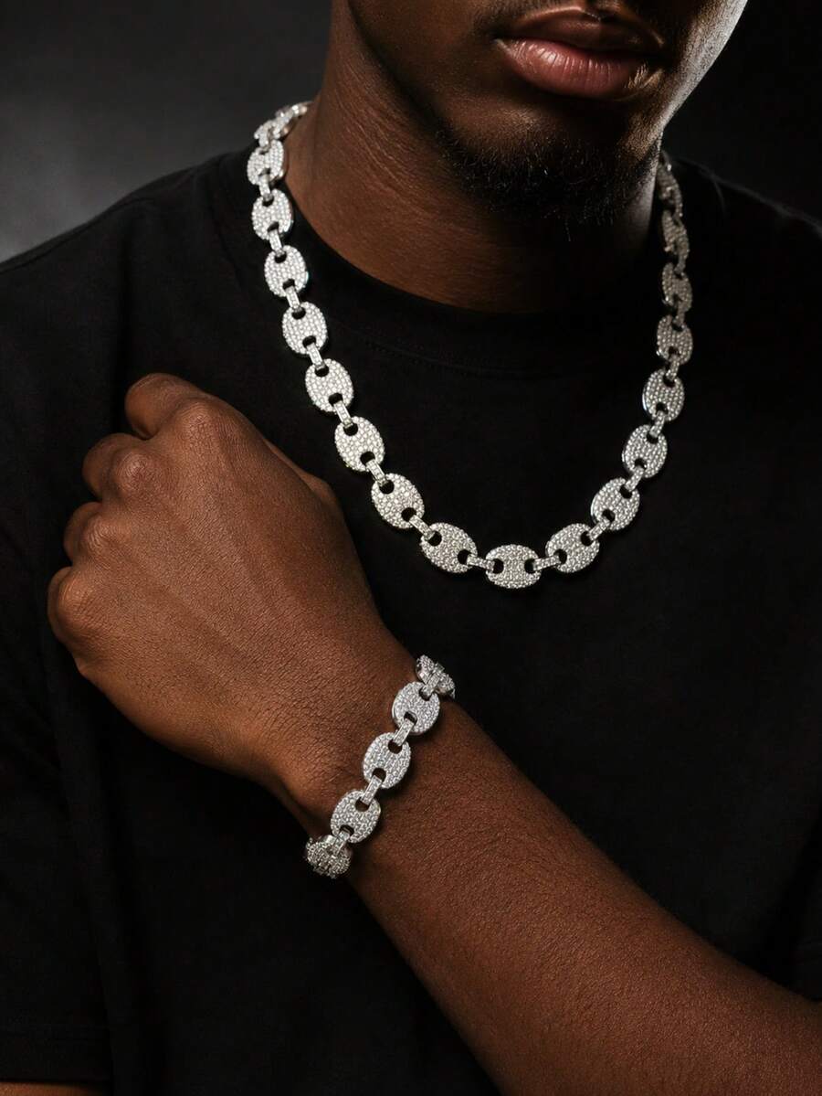 1 Set 13mm Wide Full Rhinestone Pig Nose Chain Necklace & Bracelet 2-Piece Set, Densely Inlaid Rhinestone Heavy Chain, Hip Hop Street Style Accessories, Rap Music Festival Party Unisex Gift Jewelry - Style NL2047 - View 1