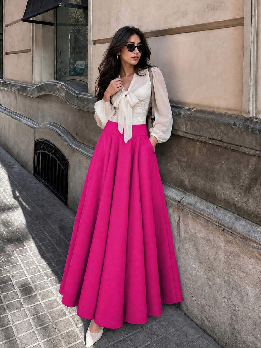 Women's Summer Casual Solid Color Skirt Spring - Hot Pink - View 1