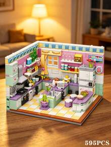 639 Pieces Of The Cozy Kitchen Indoor Building Block Set, Featuring Stove, Oven, Refrigerator And Other Furniture Components. It Is An Adult DIY Handicraft Making Puzzle. This Set Presents A Realistic Miniature Landscape Of A Family Kitchen. - Multicolor - View 2