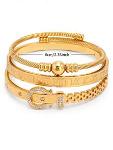 Camhanno Women's 3pcs Gold Bracelet Set, Clover Rectangular Zirconia Roman Numeral Belt Buckle Rhinestone Stackable Daily Wrist Jewelry Accessories - Multicolor - View 6