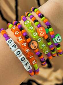 6pcs/Set Halloween Stackable Bracelets, Holiday Party Pumpkin Ghost Skull Letter Beaded Elastic Wristbands - Multicolor - View 2