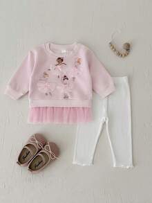 2Pcs/Set Baby & Toddler Girls Mesh Patchwork Sweatshirt Set, Ballet Girl Print Top With Frill Trim Leggings, 2 Pieces Outfit, Spring/Autumn - Pink - View 7