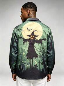 1pc Men's Textured Print Single-Breasted Pullover Long Sleeve Shirt, Handsome Versatile Polo Shirt, Casual Commute Top, Elegant Holiday Party Evening Wear, Perfect Gift For Father, Boyfriend, Dad, Friend, Halloween - Dark Green - View 3