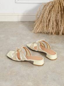 Women's French Square Toe Lace Patchwork Bow Slide Sandals, Chunky Heel Slip-On Slippers, Gentle Style Summer Outdoor Wear - Apricot - View 6