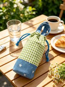 1pc Plaid Spliced Drawstring Water Bottle Bag, Portable Hand‑Held Insulated Cup Sleeve, Anti‑Scald Water Bottle Pouch, Protective Holder For Cup For Outdoor Picnic Travel Daily Use,Christmas Home Decor - Multicolor - View 13
