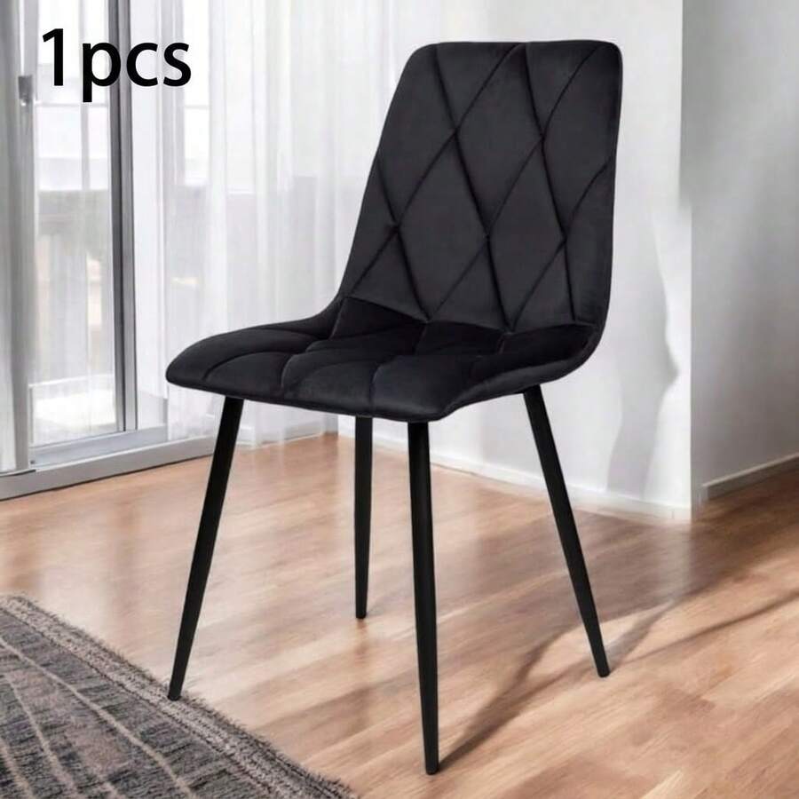 1pc Black Velvet Dining Chair, Upholstered Easy-Clean Chair With Padded Seat, Ergonomic Backrest & Black Metal Legs, 120 Kg Capacity, For Dining Room, Kitchen & Living Room - Black - View 1