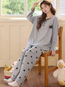 2pcs Women's Pajama Lounge Set, Pullover Round Neck Cute Cat Print Minimalist Long Sleeve Cropped Pants, Comfortable For Home Wear - Grey - View 10
