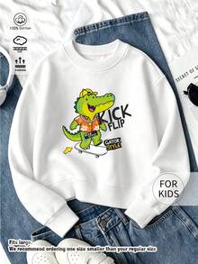 Kids Round Neck Sweatshirt, Skateboard Crocodile Kickboard Letter Print Pure Cotton Pullover - White - View 7