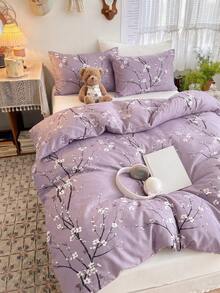 2/3pcs Purple Double-Sided Plum Blossom Branch Print Duvet Cover Set (Pillow Inserts Not Included), Breathable & Super Soft, Suitable For All Seasons (1 Duvet Cover + 1/2 Pillowcases, Pillow Inserts Not Included), Soft Dual-Color Design - Purple - View 4