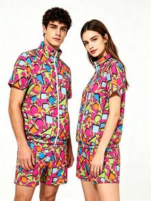 2pcs Set (T-Shirt + Shorts), Excluding Fashion Glasses, 80s Disco Style Sports Tee And Shorts, Retro Jogging Outfit - Hot Pink - View 2