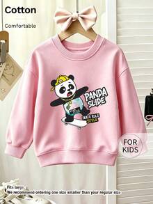 Tween Girl Crew Neck Sweatshirt, Panda Slide Skateboard Cool Panda Graphic Print Cotton Pullover For Tween Girl - Pink - View 7