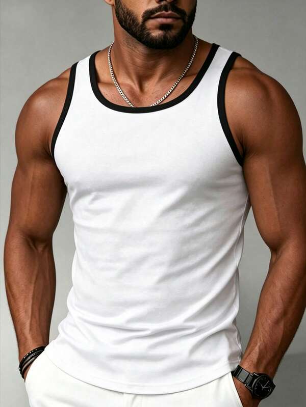Men's Summer Casual Colorblock Round Neck Fitness Tank Top, Suitable For Summer Sports And Workout Outfit
