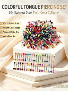 100pcs Mixed Ball Tongue Studs, Belly Button Rings, Nipple Rings, Body Piercing Jewelry, Piercing Accessories, Navel Piercing, Nose Rings - Multicolor - View 1
