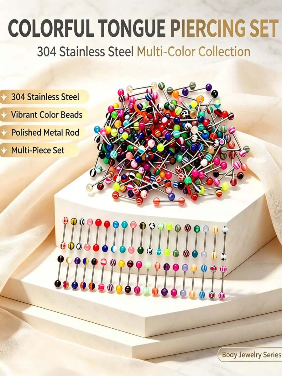 100pcs Mixed Ball Tongue Studs, Belly Button Rings, Nipple Rings, Body Piercing Jewelry, Piercing Accessories, Navel Piercing, Nose Rings - Multicolor - View 1