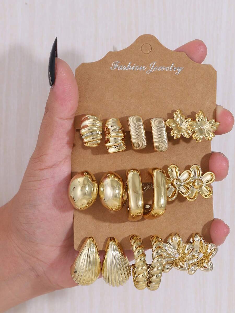 3-9 Pairs Water Drop Flower Multi-Layered Earrings Set, Versatile Daily Wear Floral Stud Earrings - Gold - View 1