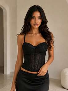 ApperlothPOP Regata Corset Romântica Palácio Preto em Tule Transparente com Renda Floral, Aro com Barbatanas, Taça e Alças Ajustáveis, Modelador para Halloween, Festa, Encontro e Noite - Preto - Visão 1