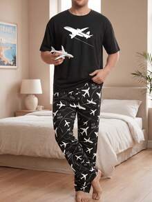 Plus Size Men's Travel Style Airplane Print Pajama Set "Fly High" Theme Short Sleeve Top + Long Pants Comfortable Home Sleepwear - Black - View 4