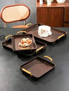 Walnut Wood Grain Tray, Thickened PET Rectangular Tray With Handles, Plastic Storage Tray, Suitable For Tea Cups, Water Cups, Snacks, Fruits, Dried Fruits, Candy Storage - Wood Grain - View 5