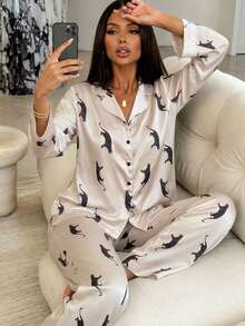2pcs Women's Sexy Printed Long Sleeve Pajama Top + Elastic Waist Long Pants Loungewear Set - Apricot - View 3