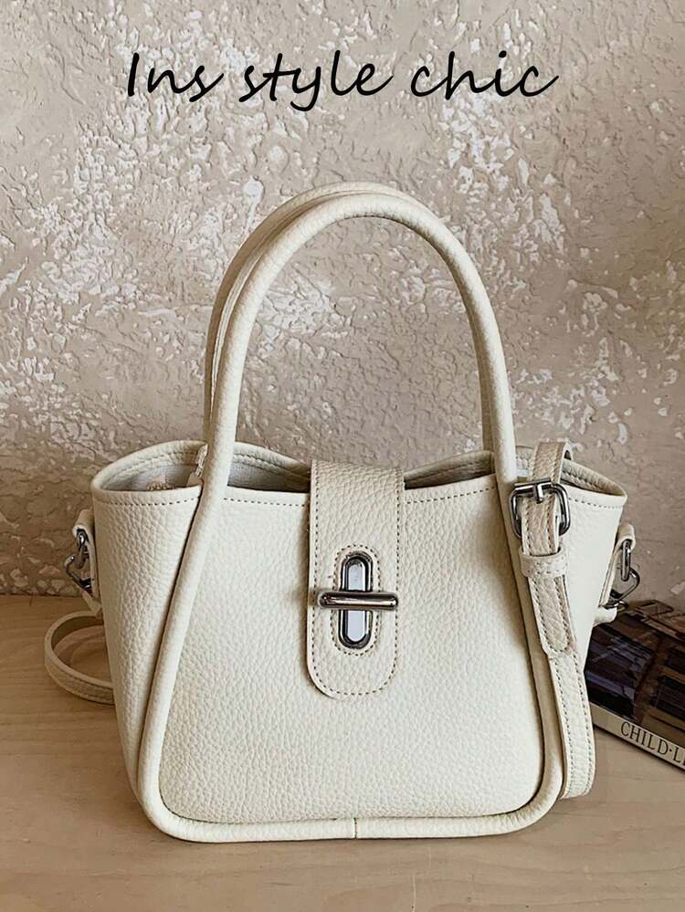 Handbag With Lychee Grain Soft Leather Fabric, Metal Lock Decoration, Layered Storage, Minimalist Commuter Style, Suitable For Daily Wear, Dating, Shopping, Short Trips, Detachable Shoulder Strap, Versatile Shoulder Crossbody Small Bag - White - View 8