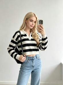 Jersey de punto con solapa a rayas en blanco y negro para mujer, camisa POLO casual de manga larga, corte entallado, favorecedor, cómodo y de estilo moderno. - Blanco y Negro - Ver 7
