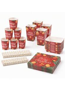 10/24pcs Red Christmas Ball, Pine Branch And Bow Print Paper Tableware Set, Includes Paper Cups, Popcorn Food Boxes, Napkins And Straws, Disposable Paper Tableware Suitable For New Year Celebrations, Family Gatherings, Dessert Events And Seasonal Parties - Multicolor - View 3