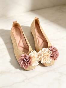 Women's Square Toe Flat Slip-On Shoes, 3D Fabric Floral Design, Shallow Cut, Soft Sole, Gentle Vacation Style, Autumn - Apricot - View 1