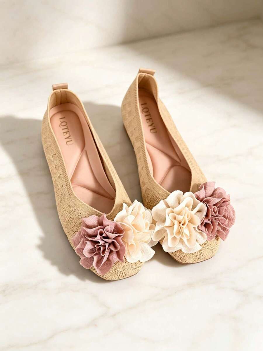 Women's Square Toe Flat Slip-On Shoes, 3D Fabric Floral Design, Shallow Cut, Soft Sole, Gentle Vacation Style, Autumn - Apricot - View 1