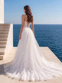 HEARBOBO Heavy Lace Sleeveless Strapless Vintage Mermaid Long Dress With Tulle Wedding Dresses For Bride White Fall - White - View 10
