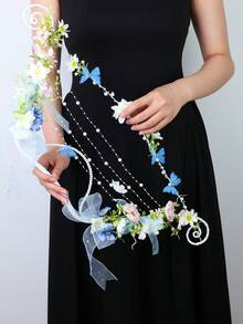1pc Bohemian Style Bow-Shaped Creative Handheld Bouquet, Pink And White Floral Mesh Ribbon Pearl String, Forest Theme Wedding Photography Prop - Multicolor - View 6