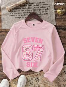Autumn Girls Long Sleeve T-Shirt With Pink Letter SEVEN SIX Floral Number 67 Print And Bow Accent, Crew Neck Raglan Sleeve Soft Fabric - Baby Pink - View 2