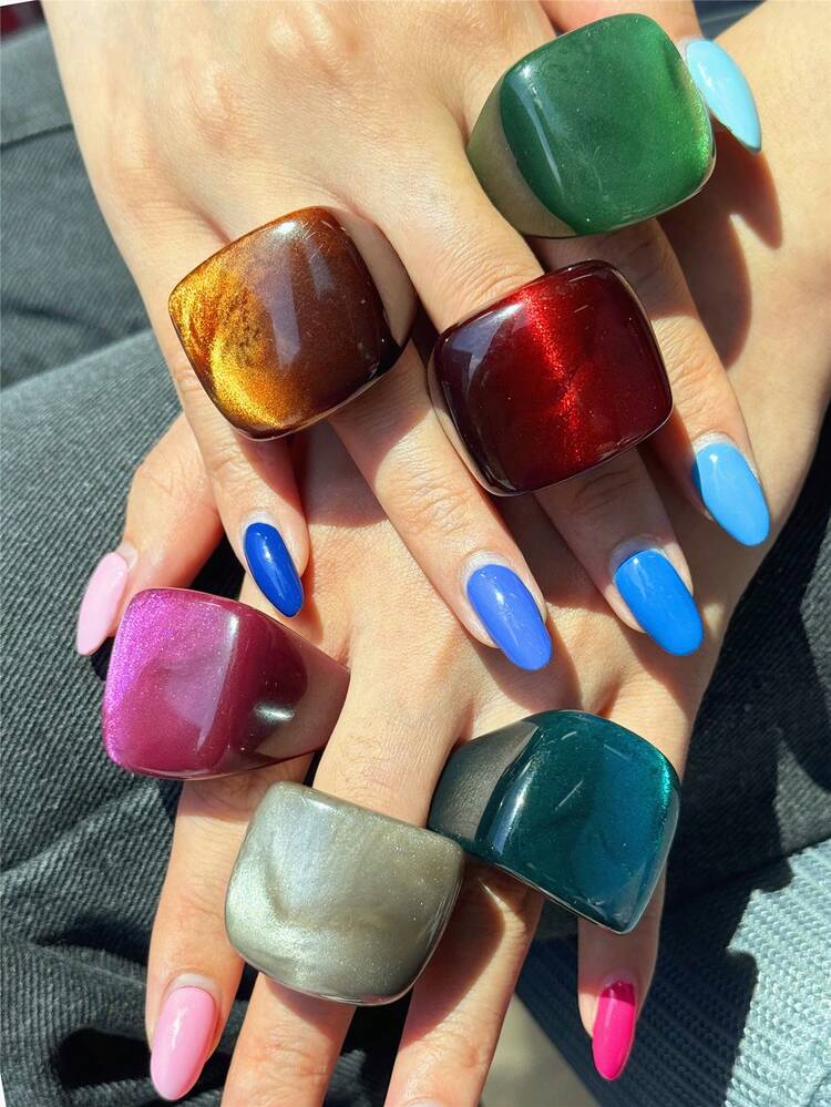 Juego de 6 piezas/Set de anillos cuadrados vintage de resina de gran tamaño, nuevos anillos gruesos con degradado de teñido anudado, marrón, gris, magenta, azul, verde, rojo, juego de anillos multicolor - Multicolor - Añade 8