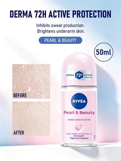NIVEA 妮維亞珍珠美肌止汗滾珠 50ml | 持久清新、肌膚光滑 | 48小時異味防護 | 含珍珠精華溫和配方，無酒精