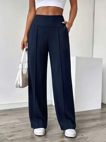 Women's Casual Home Pants, Solid Color High Waist Wide Leg Lounge Pants (With Pockets) - Navy Blue - View 3
