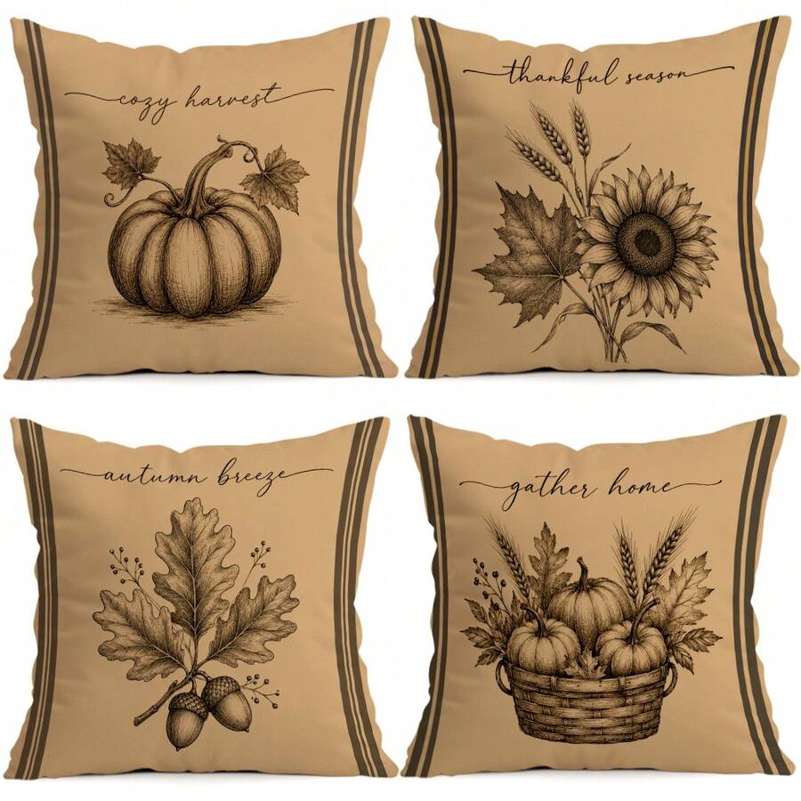 4 piezas/1 pieza Funda de almohada con patrón de ilustración de boceto de calabaza de cosecha de otoño vintage sin relleno, funda de almohada impresa por un solo lado, adecuada para sala de estar, dormitorio, decoración del hogar, funda de almohada para todas las estaciones - Multicolor 07 - Ver 1