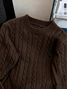 Autumn/Winter Embroidered Crew Neck Cable Knit Sweater, Loose Fit Cardigan Knitwear For Women Fall - Brown - View 5