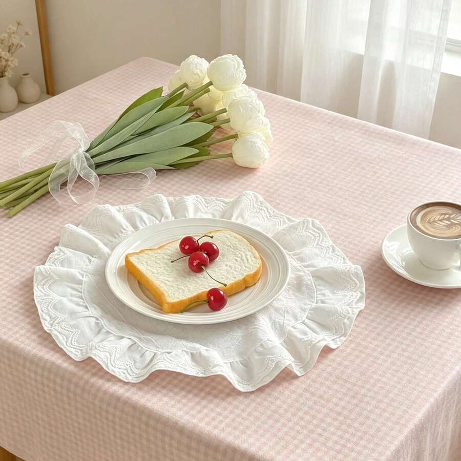 1/2/4pcs French Vintage Pastoral White Striped Round Lace Textured Ruffled Edge Placemats Napkins - Multicolor - View 1